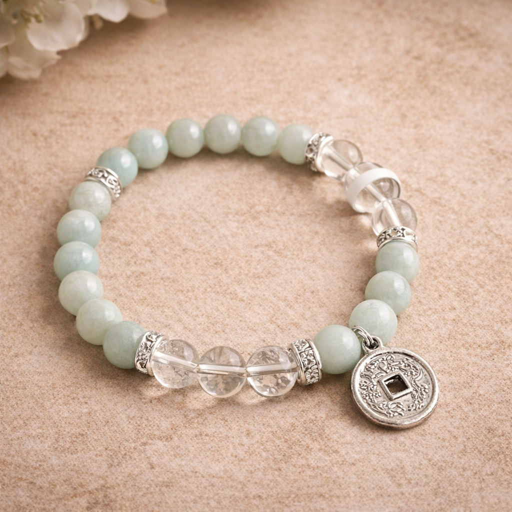 Amazonite and Clear Quartz spiritual bracelet with Lucky Coin Charm for clarity, emotional healing, and abundance