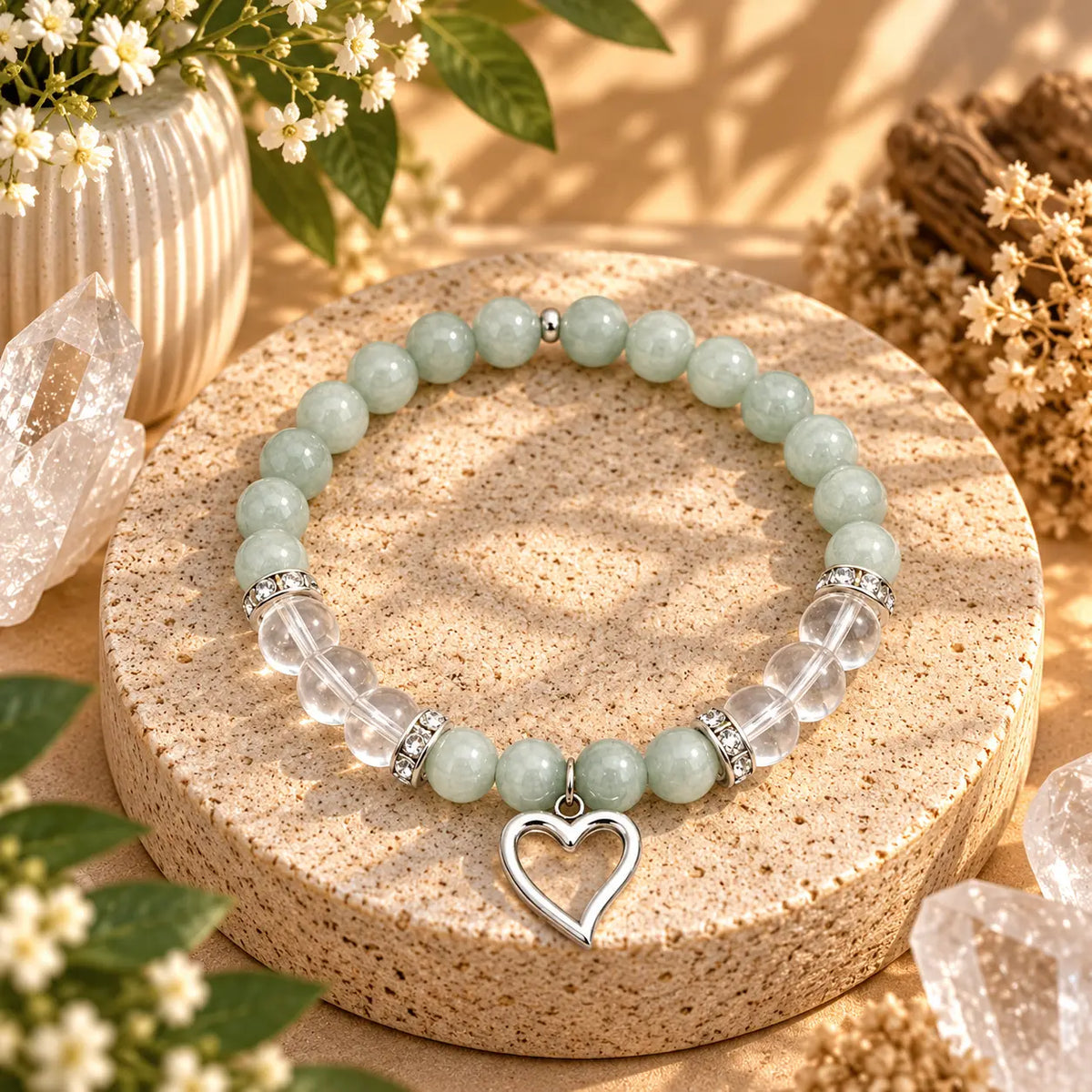 Amazonite and Clear Quartz 8mm crystal bracelet with silver heart charm