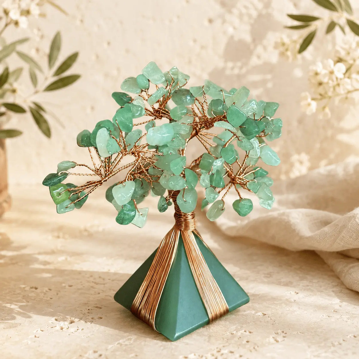 Green Aventurine Flowering Crystal Tree Pyramid with green gemstone chips and copper wire branches