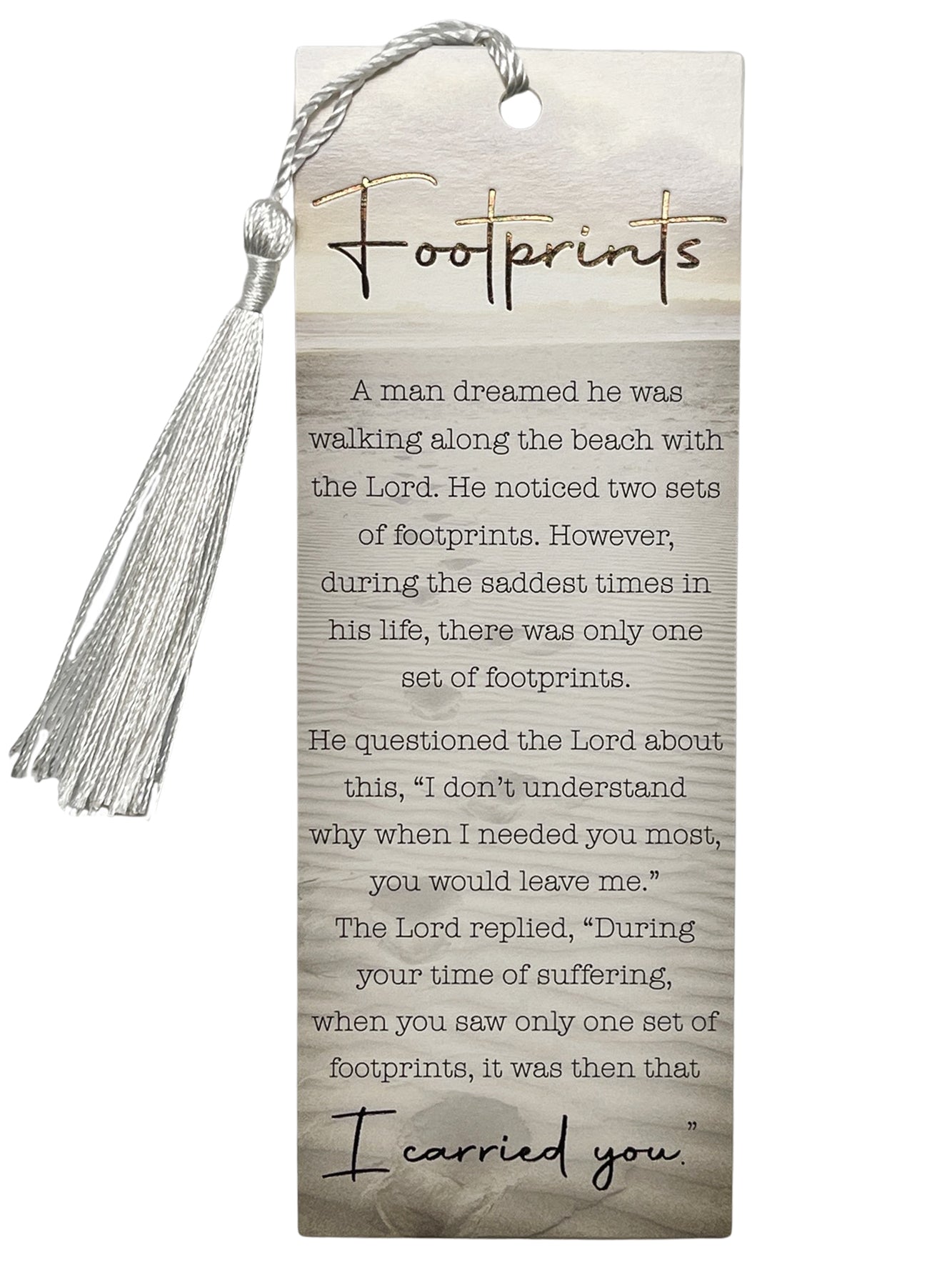 Footprints Bookmark with Tassel featuring Footprints in the Sand poem, gold foil detail and elegant tassel