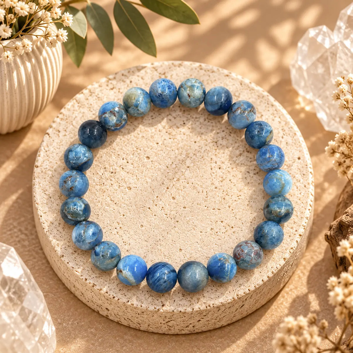 Genuine 8mm Blue Apatite crystal bracelet with natural blue polished beads