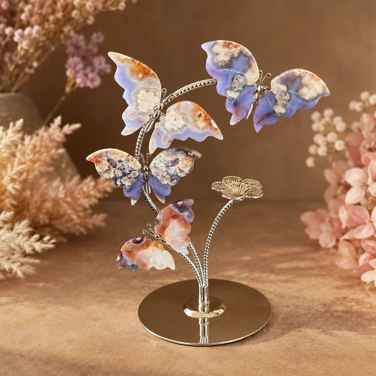 Blue Flower Agate Five Butterfly Sculpture – Embrace Transformation & New Beginnings (19cm)