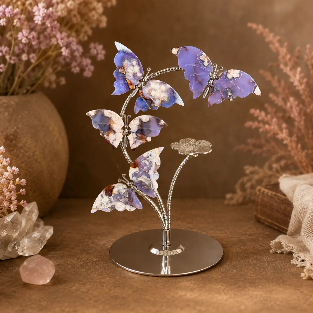 Product 2 Blue Flower Agate five-butterfly crystal sculpture on silver-toned 19cm stand
