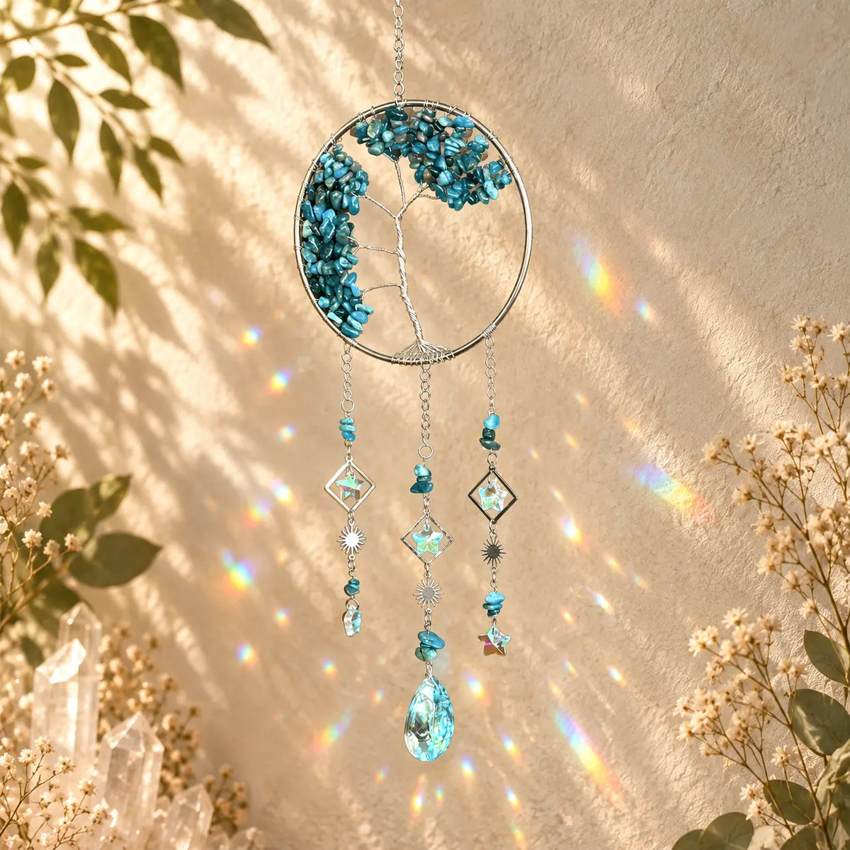 Blue Apatite Tree of Life crystal suncatcher with blue gemstones and tree design