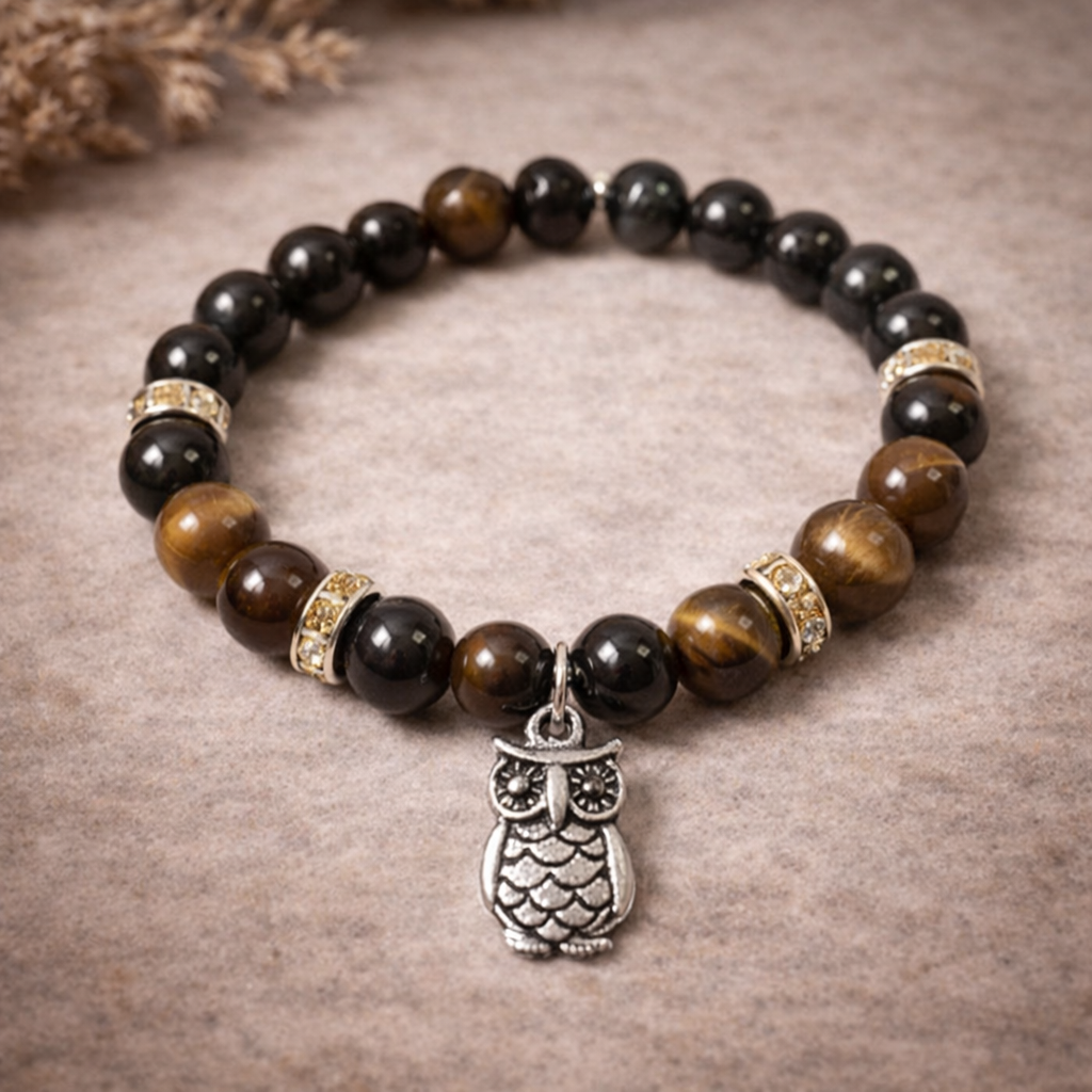 Blue & Brown Tiger’s Eye Bracelet with Owl Charm - Strength, Protection & Spiritual Wisdom