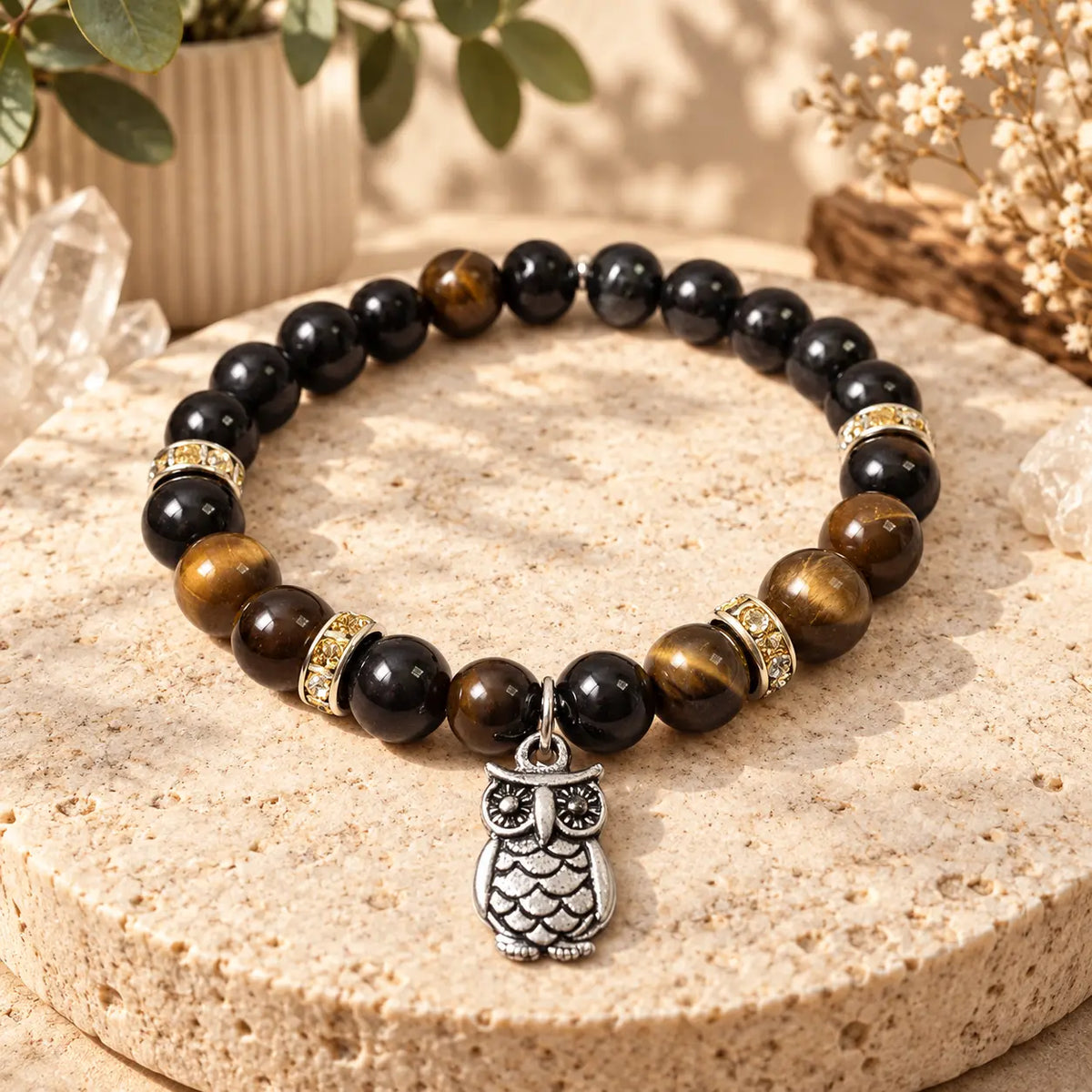 Blue and Brown Tigers Eye gemstone bracelet with owl charm