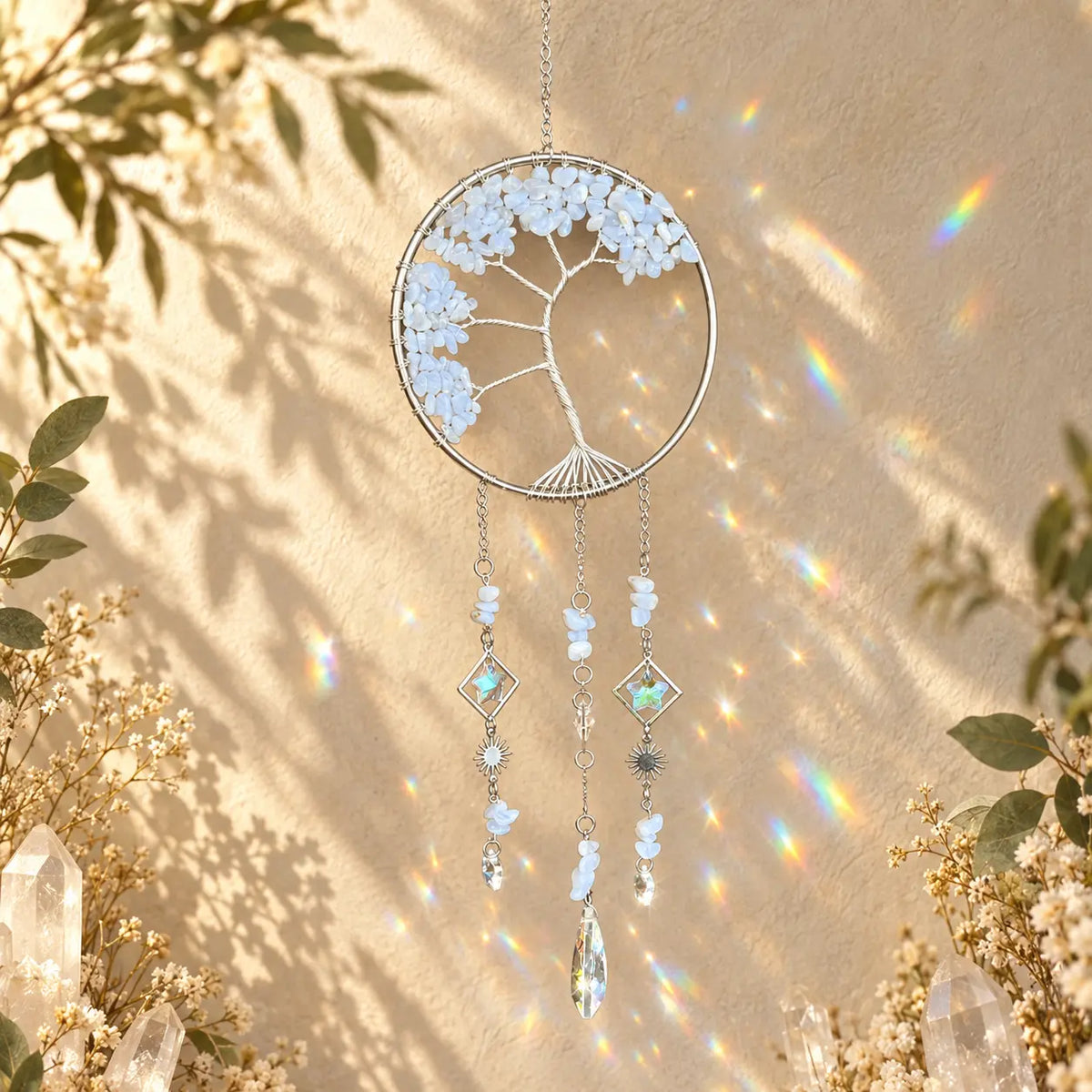 Blue Lace Agate Tree of Life crystal suncatcher with pale blue gemstones and tree design