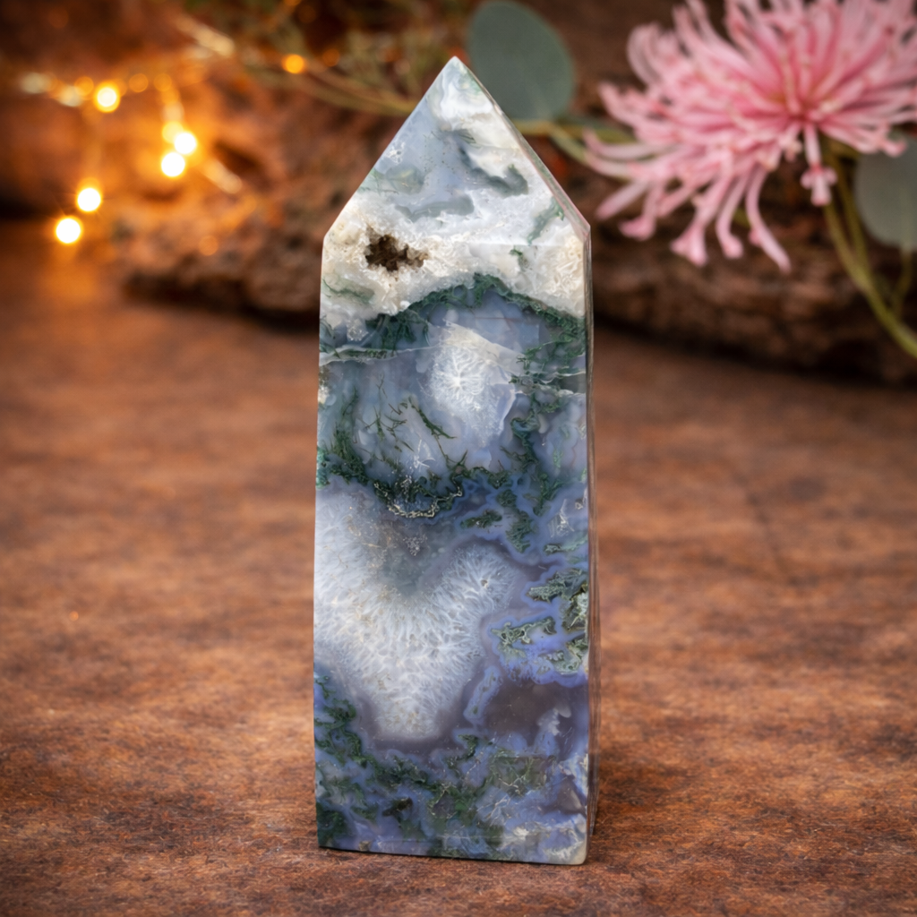 Blue Moss Agate Four-Sided Tower – Spiritual Healing, Calm, Growth & Energy Alignment
