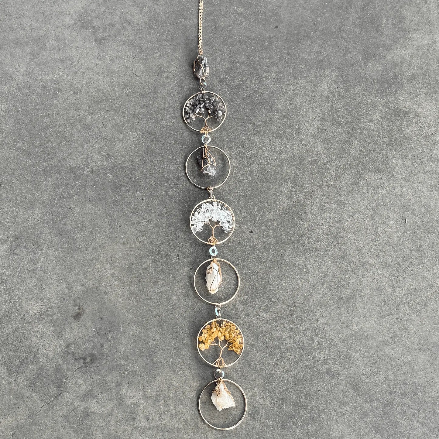 Tree of Life crystal wall hanging suncatcher with amethyst citrine clear quartz for energy cleansing, emotional healing, clarity, and spiritual balance
