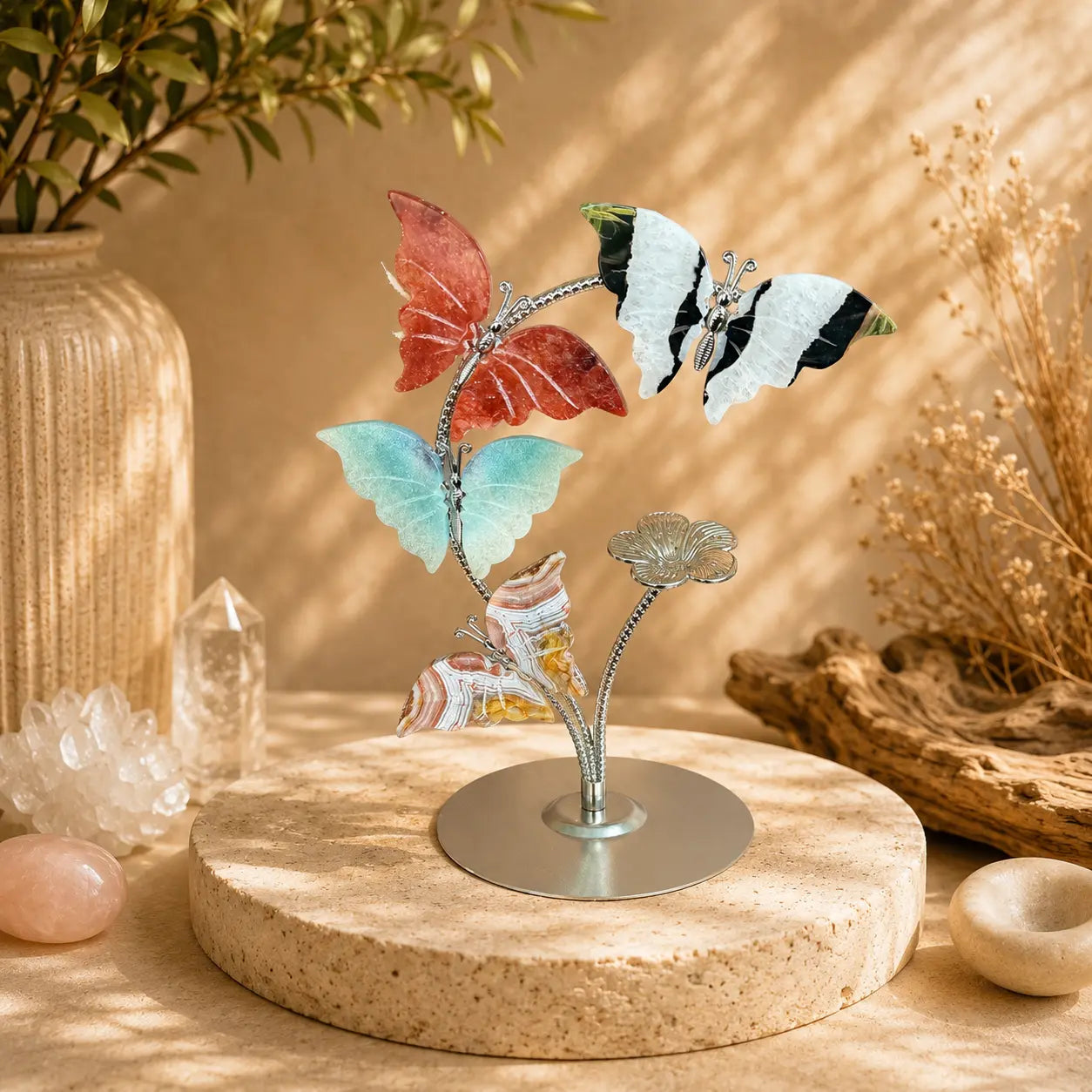 Crystal Butterfly Sculpture – Black & White Agate, Red Jasper, Amazonite & Banded Agate