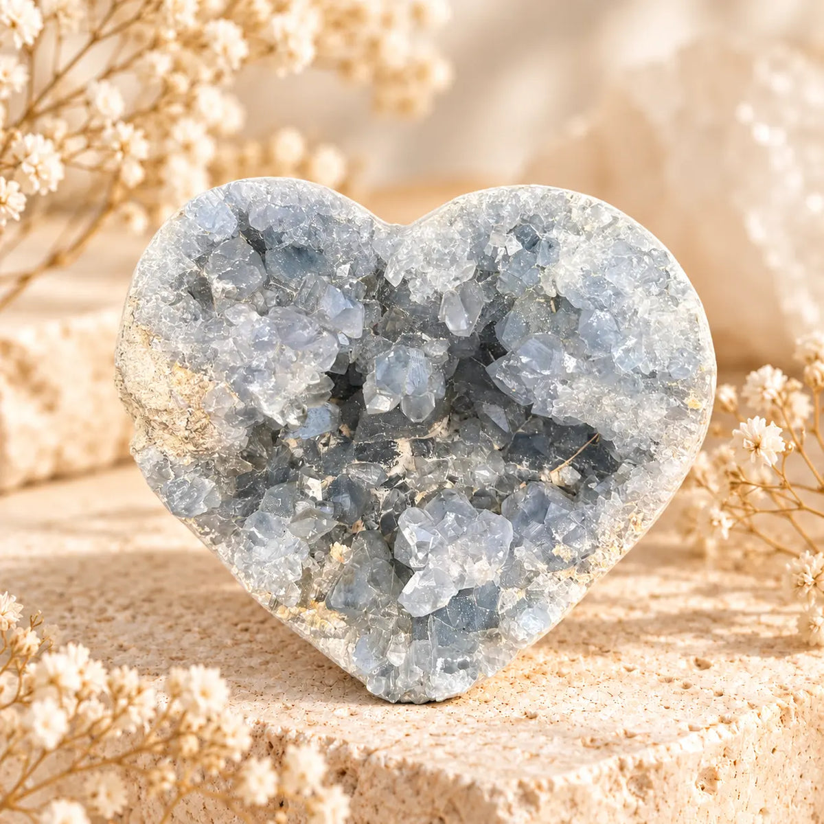Celestite geode crystal heart 1428g with natural pale blue crystal formations