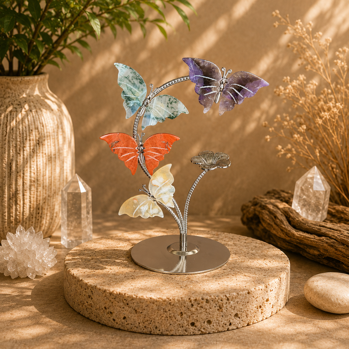 Crystal butterfly sculpture with Amethyst, Moss Agate, Red Jasper and Flower Agate butterflies on a silver-tone branching stand