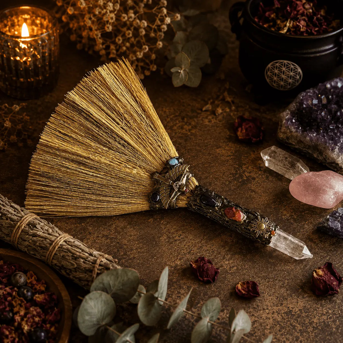 Sun variant image: Witches Besom with Clear Quartz crystal wand and Sun symbol charm