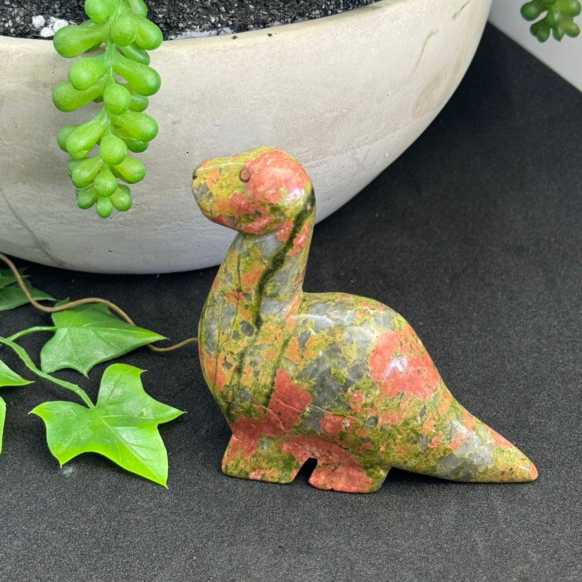 Unakite crystal dinosaur carving approximately 8cm