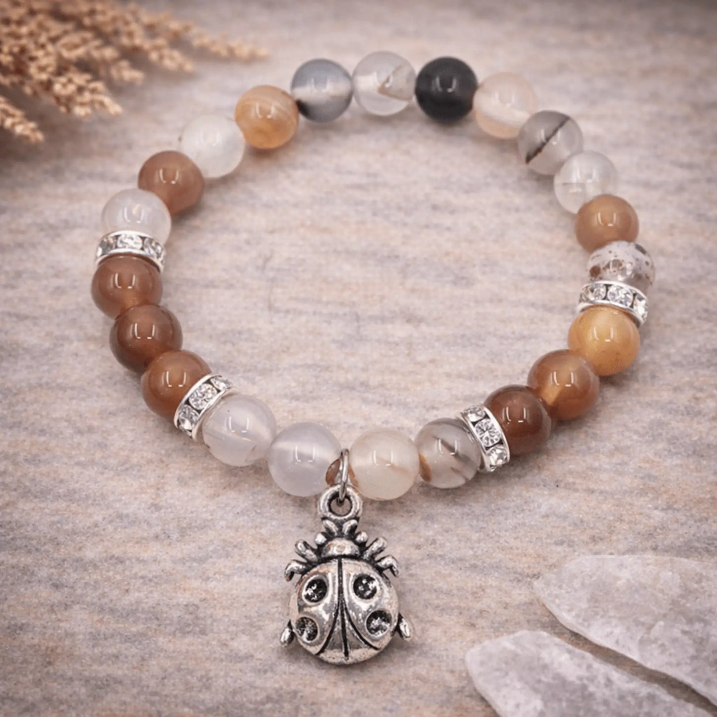 Dendritic Agate and Carnelian crystal bracelet with silver Ladybug Charm for spiritual healing and confidence