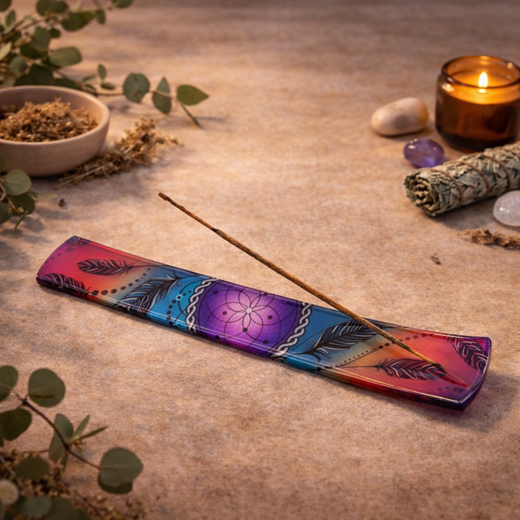 Dream Feathers printed glass incense holder for energy cleansing, calm, clarity, and spiritual harmony