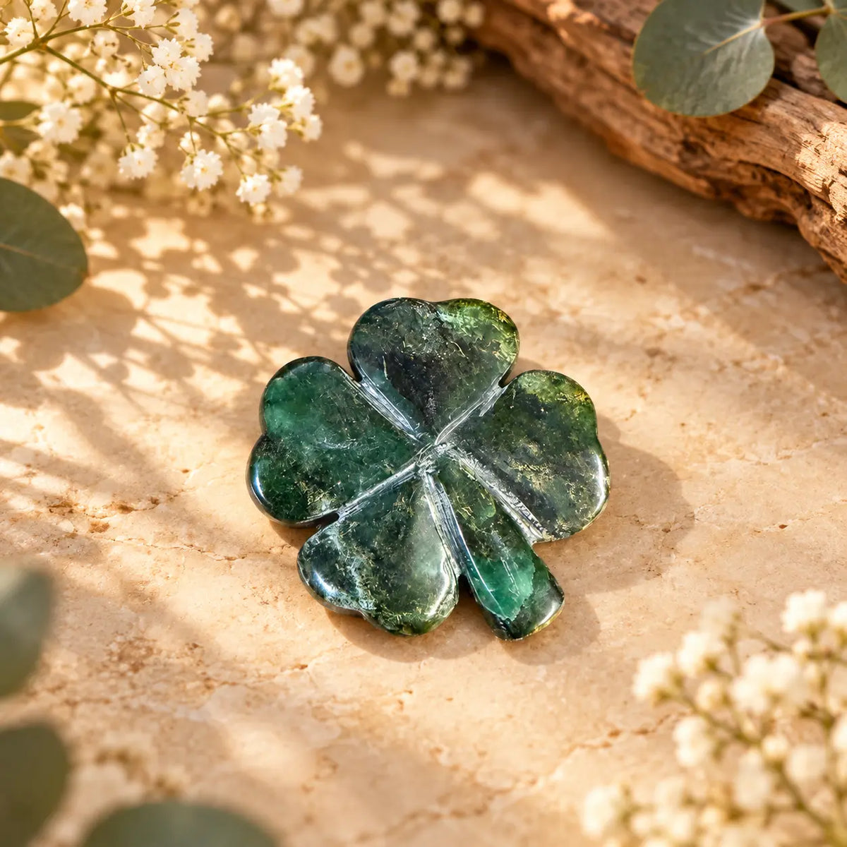 Emerald Crystal Four Leaf Clover Piece 3 – exact polished crystal carving for luck, abundance and prosperity
