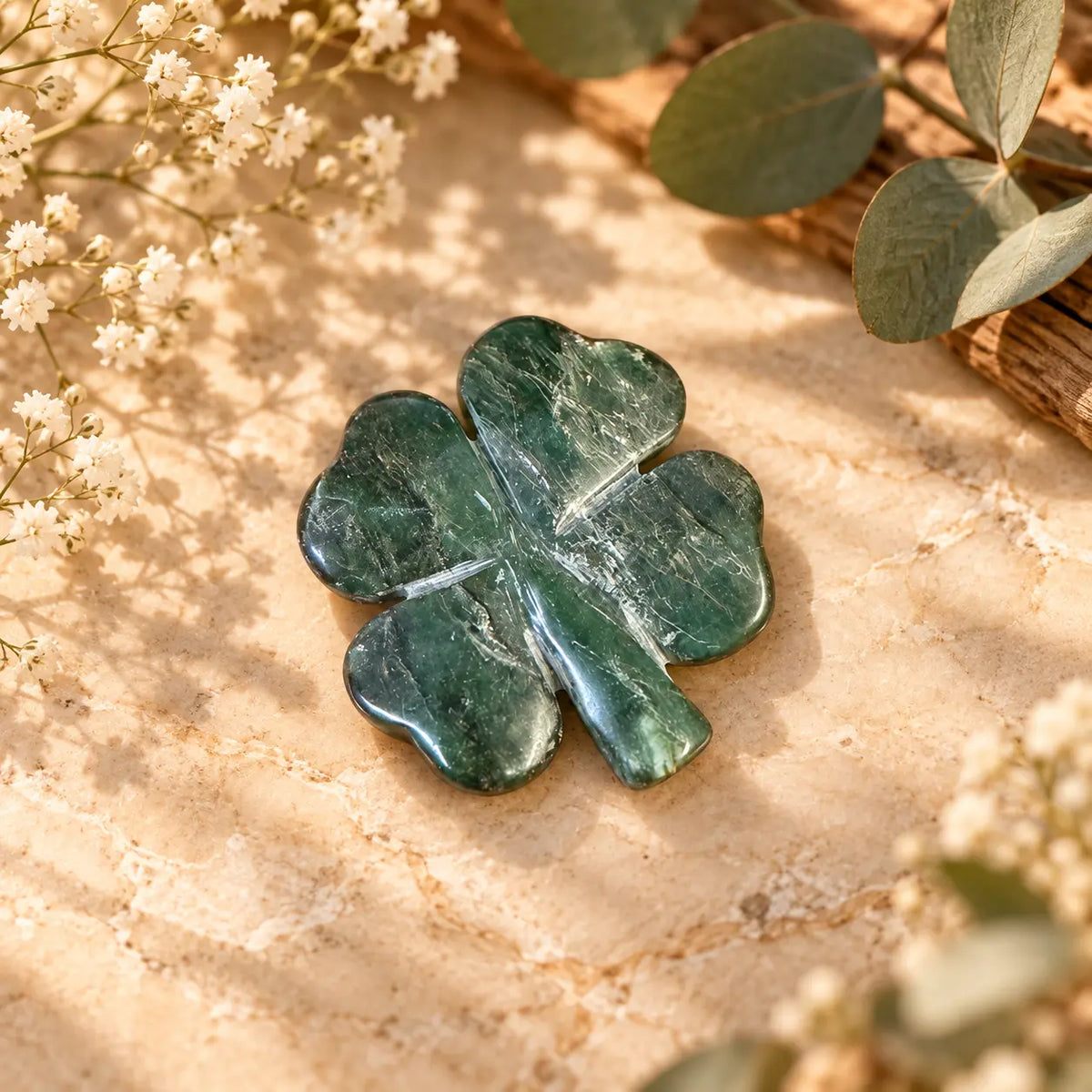 Emerald Crystal Four Leaf Clover Piece 4 – exact polished crystal carving for luck, abundance and prosperity