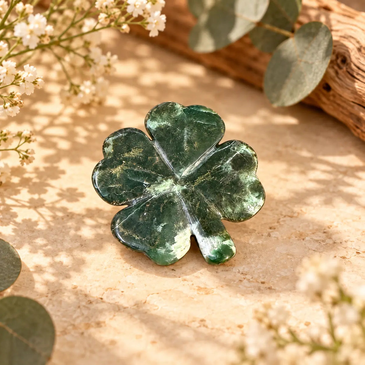 Emerald Crystal Four Leaf Clover Piece 8 – exact polished crystal carving for luck, abundance and prosperity