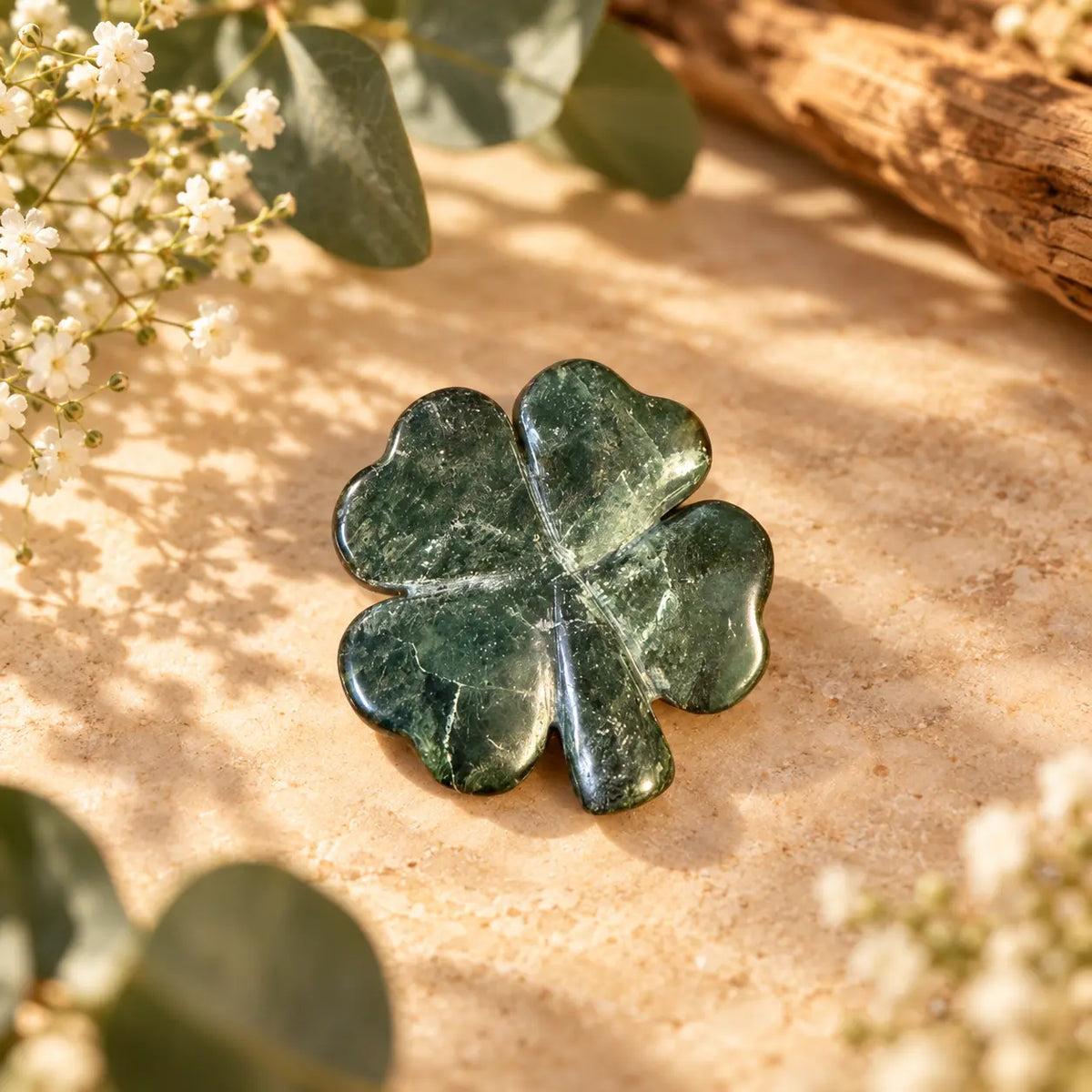 Emerald Crystal Four Leaf Clover Piece 9 – exact polished crystal carving for luck, abundance and prosperity