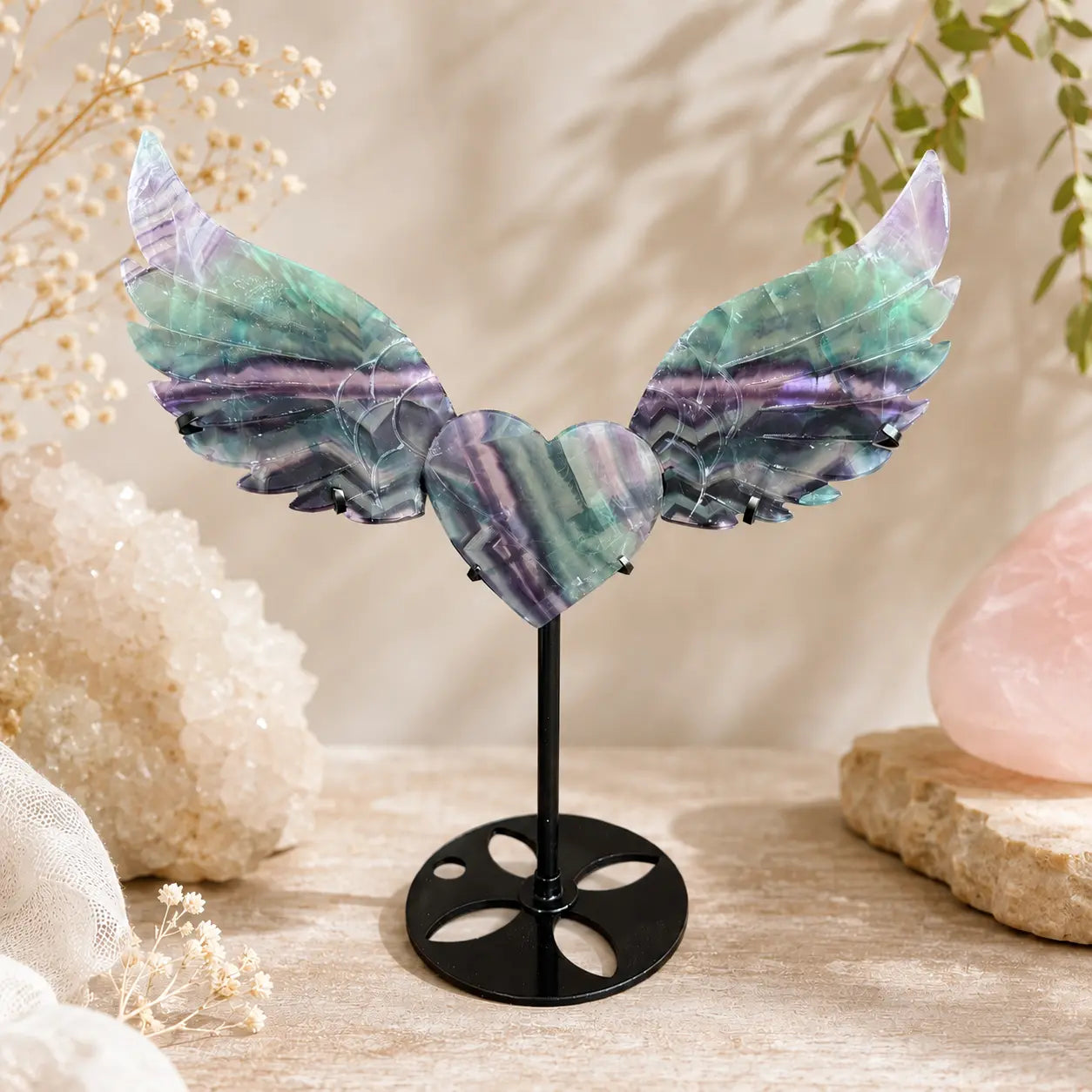 Fluorite Crystal Heart with Angel Wings on Stand
