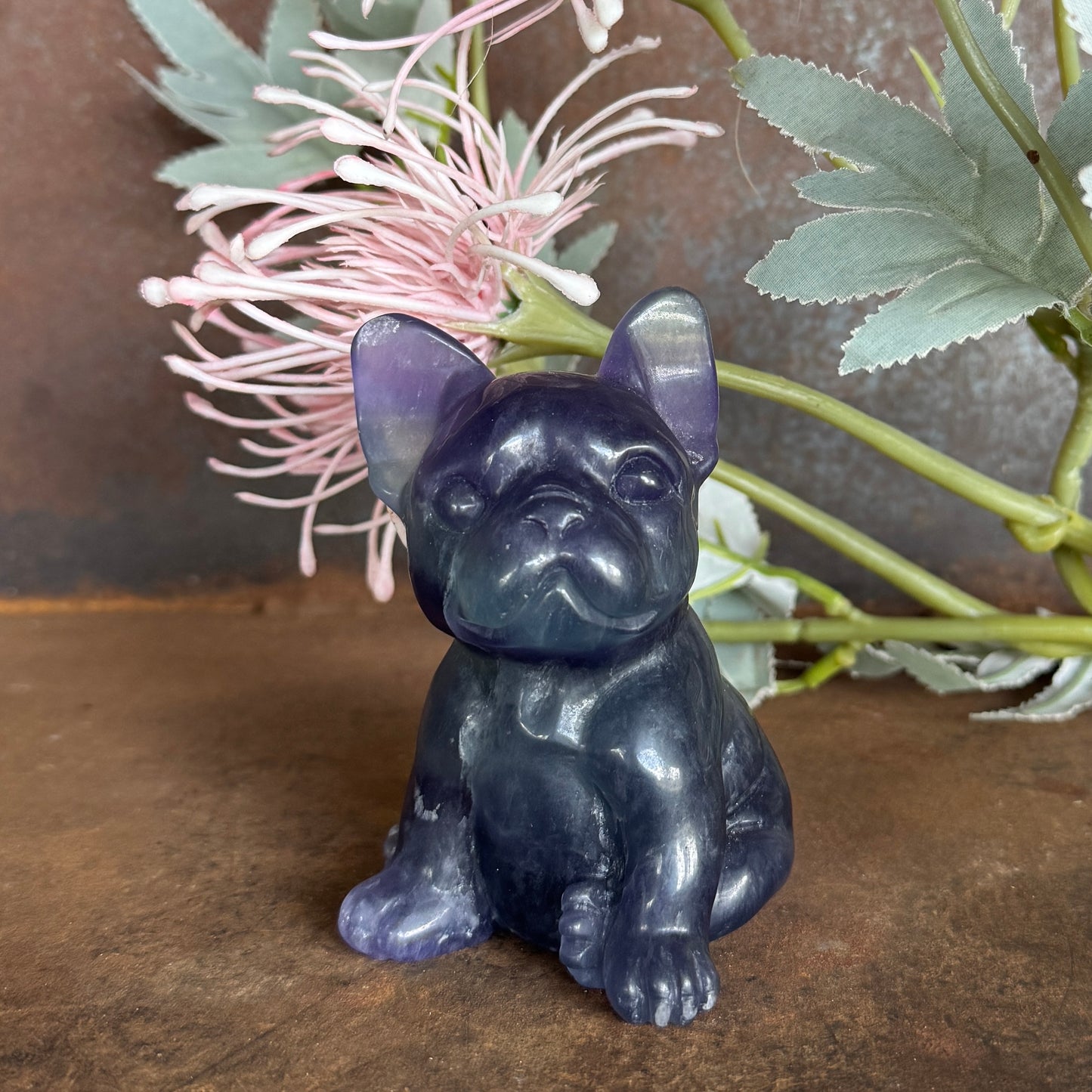 Fluorite French Bulldog Crystal Carving – Calm, Protection & Emotional Healing Spiritual Gift