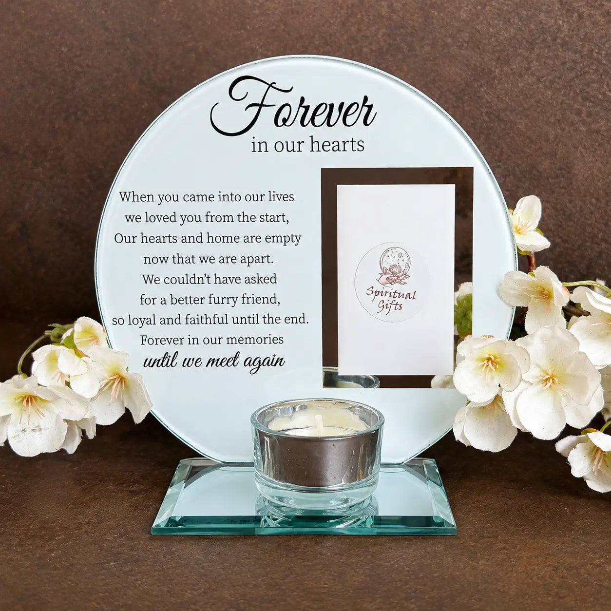 Forever in Our Hearts pet memorial glass photo frame with tealight candle holder and heartfelt poem