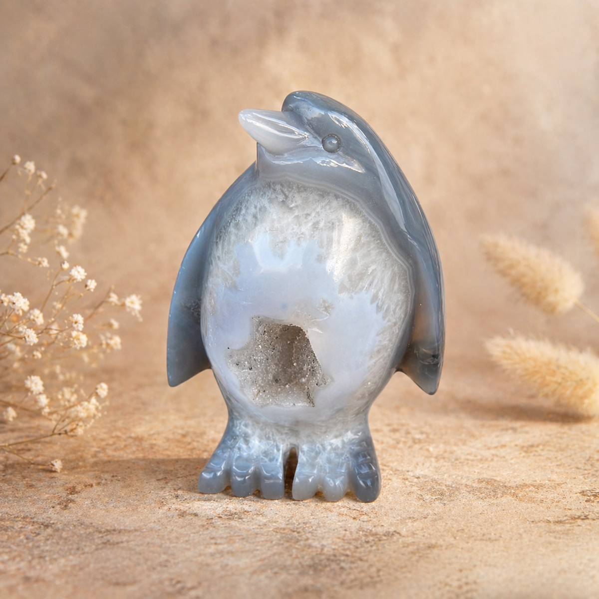 Agate Crystal Penguin Geode Carving 475g with natural sparkling geode centre and hand-carved penguin form