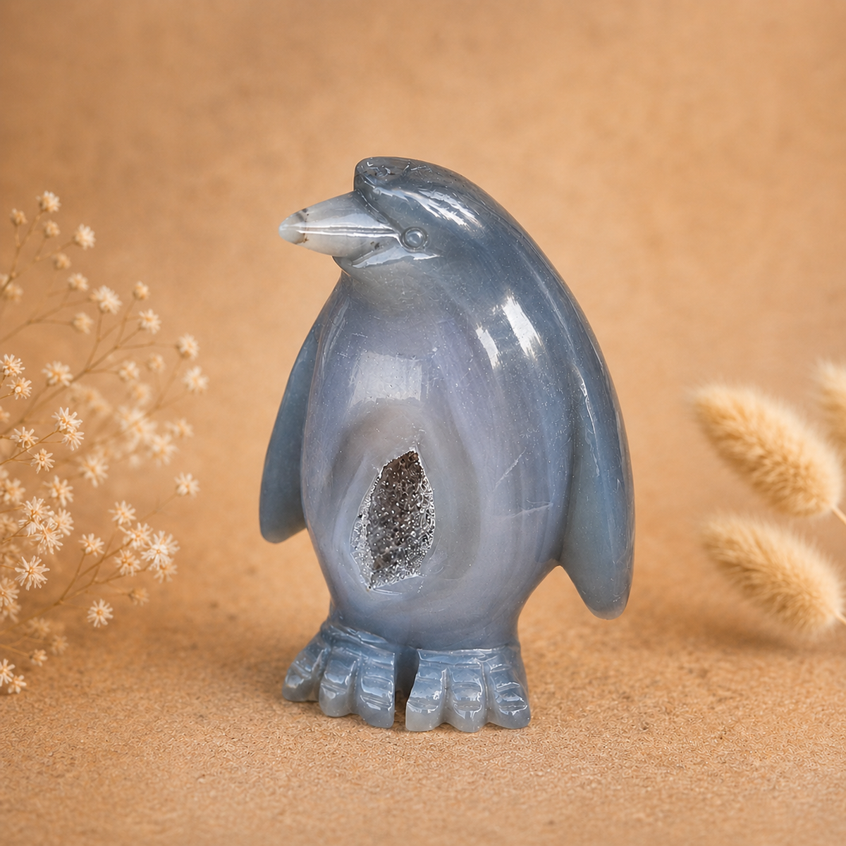 Agate Crystal Penguin Geode Carving 455g with natural sparkling geode centre and hand-carved penguin form