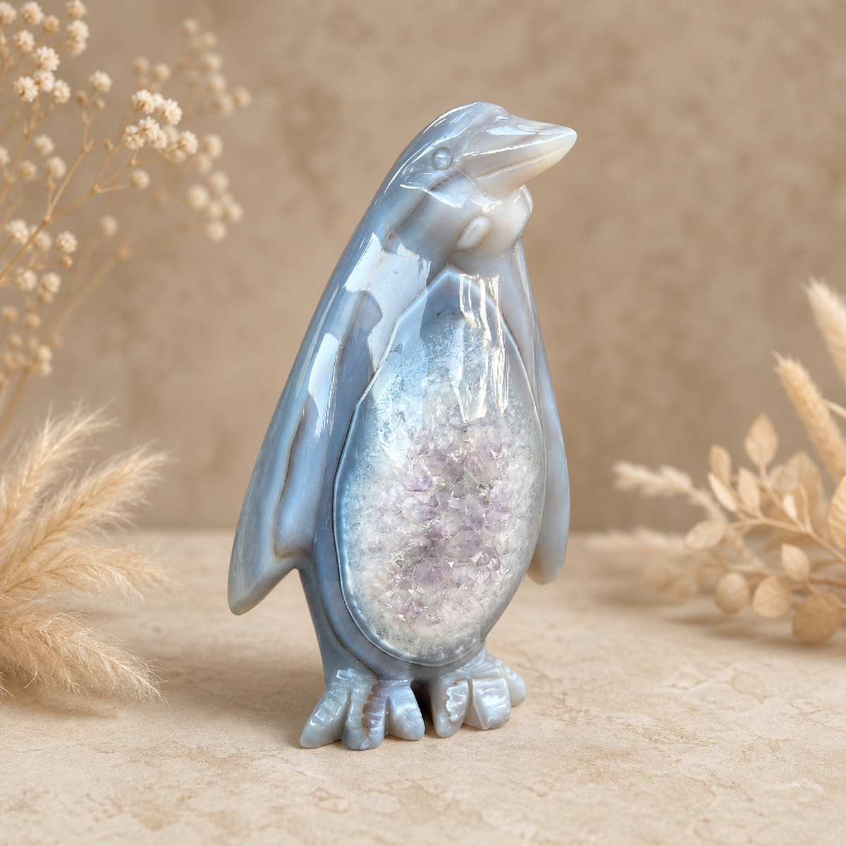 Agate Crystal Penguin Geode Carving 532g with natural sparkling geode centre and hand-carved penguin form