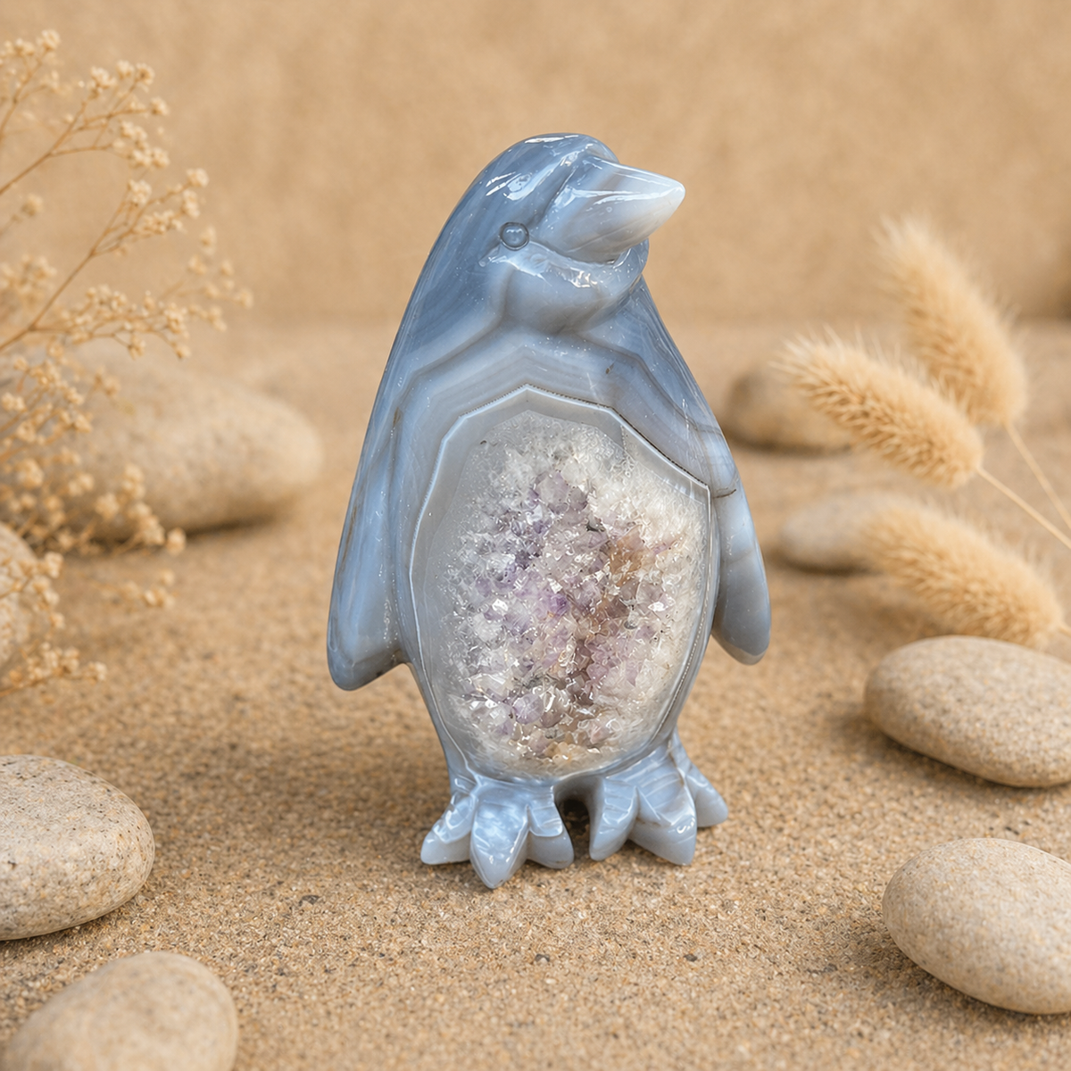 Agate Crystal Penguin Geode Carving 584g with natural sparkling geode centre and hand-carved penguin form