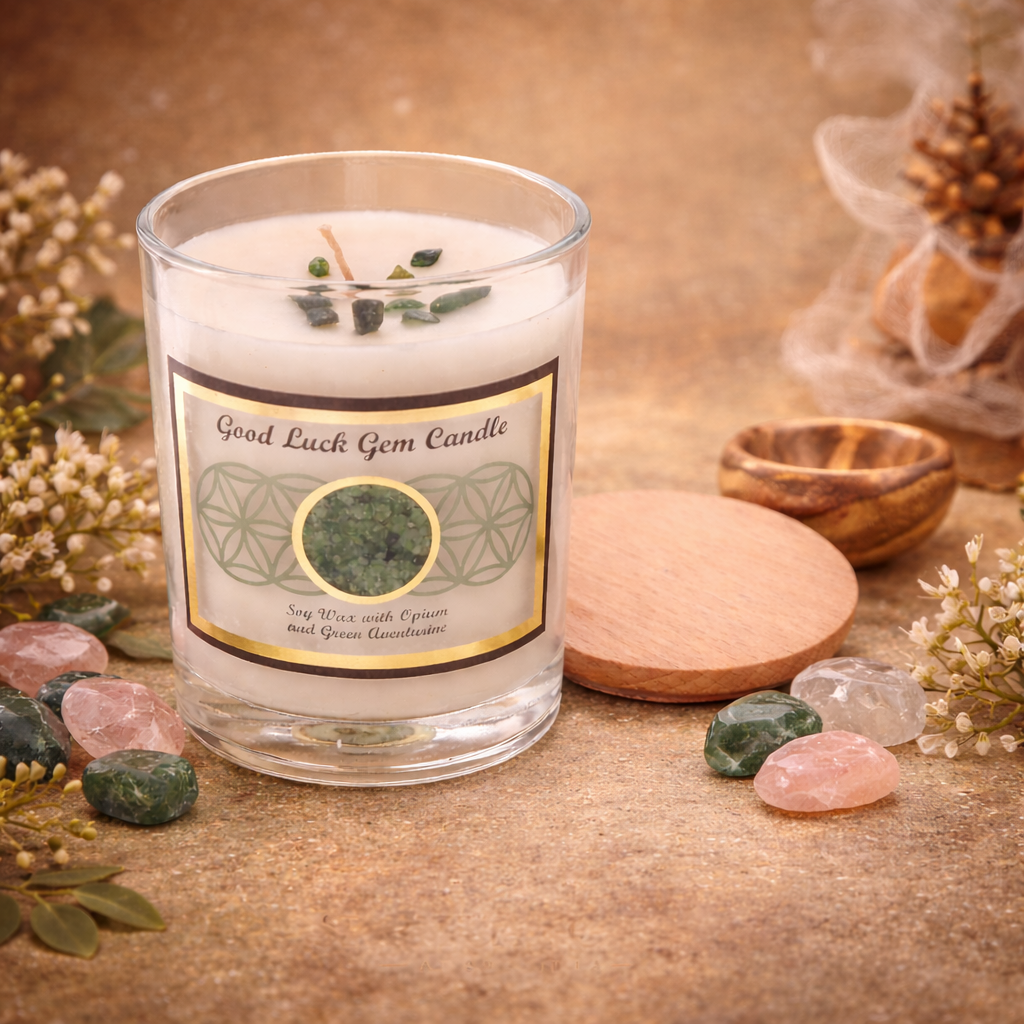 Good Luck Green Aventurine Gemstone Candle – Attract Prosperity, Abundance & Positive Energy