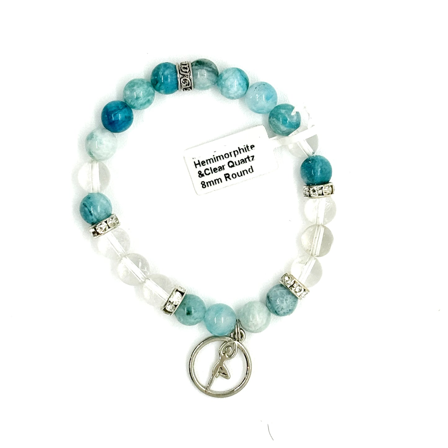 Hemimorphite Crystal Bracelet 8mm with Yoga Pose Charm | Spiritual Jewellery & Healing Gift