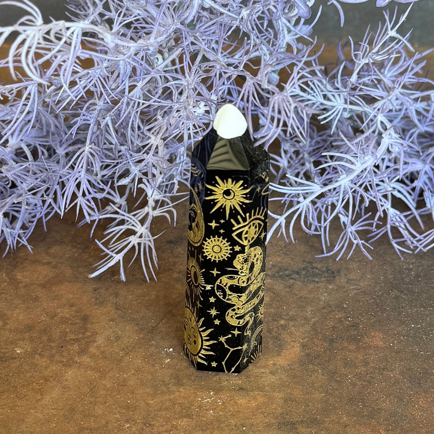 Cosmic Foiled Pattern Obsidian Tower – Protection, Grounding & Emotional Healing
