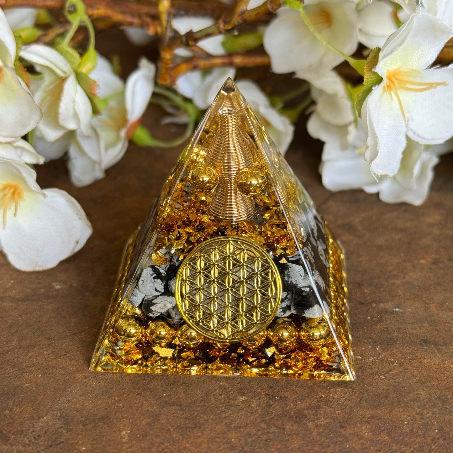 Snowflake Obsidian Flower of Life Orgonite Pyramid – Protection, Grounding & Spiritual Healing (Approx. 5cm)