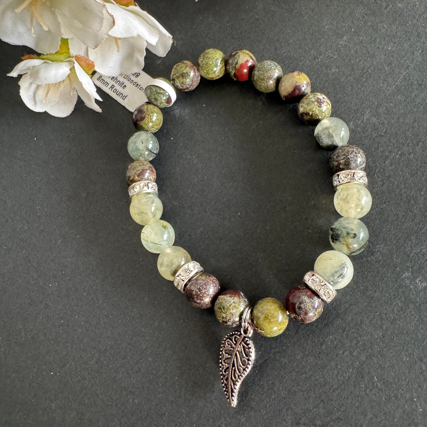 Dragon's Blood & Prehnite 8mm Bracelet with Leaf Charm – Healing, Strength & Renewal
