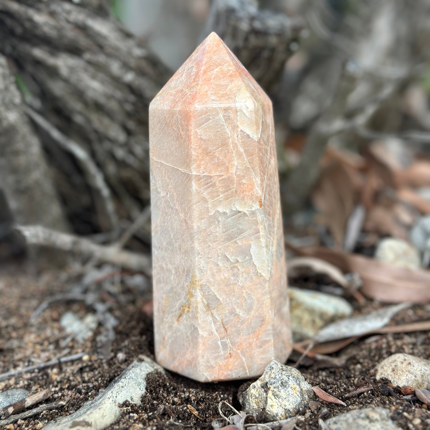 Peach Moonstone Crystal Tower – Emotional Healing, Divine Protection & Inner Peace