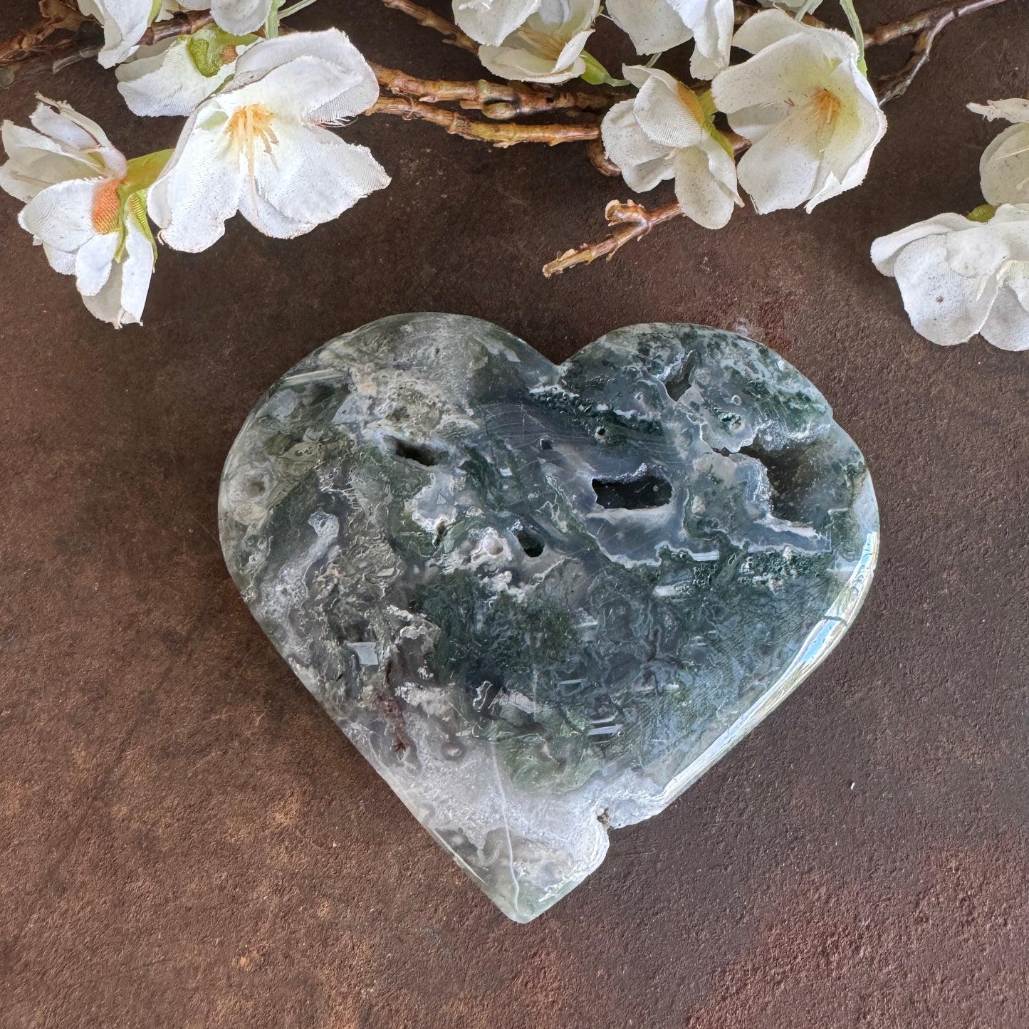 Moss Agate Crystal Heart – Emotional Healing, New Beginnings & Heart Chakra Balance