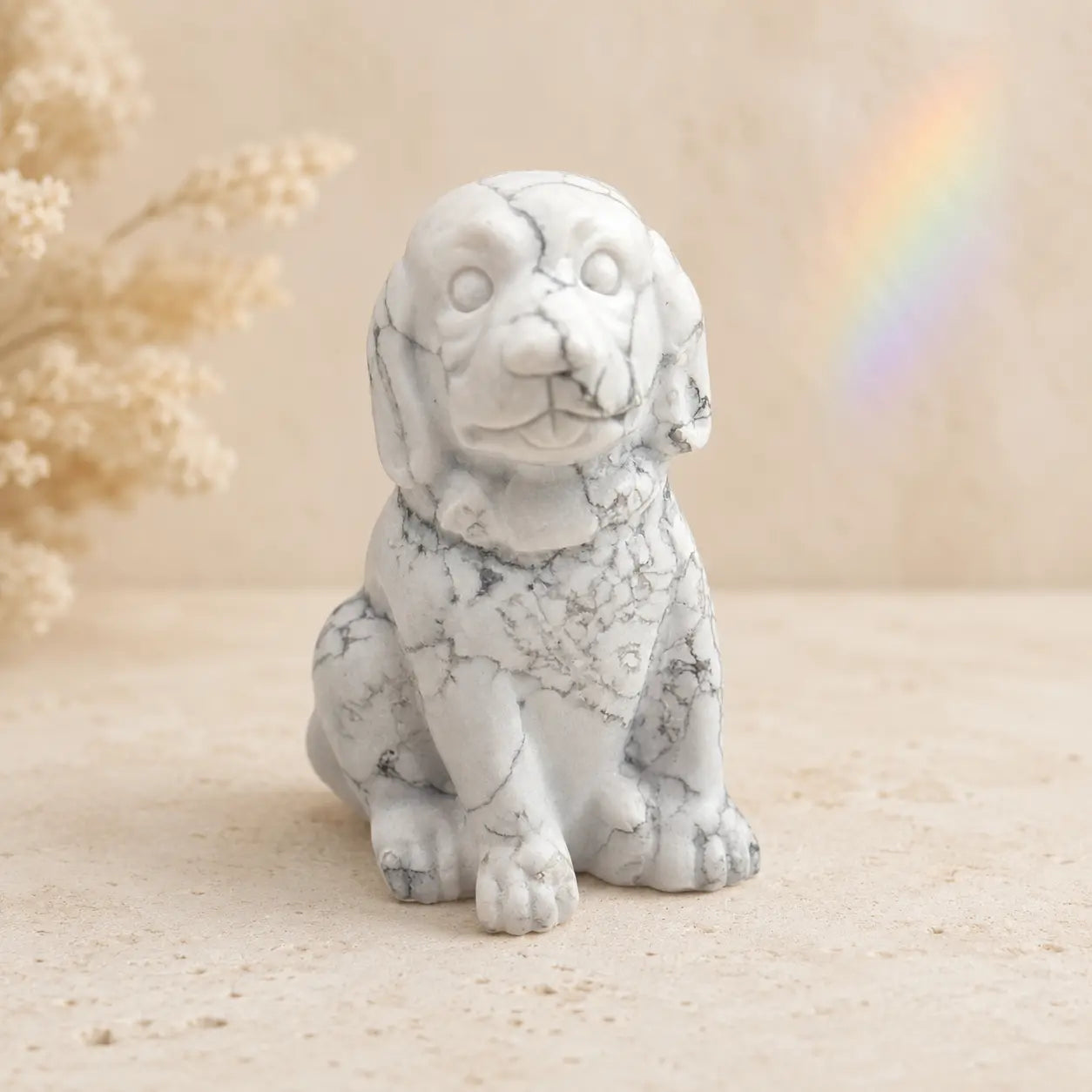 Howlite Labrador Retriever crystal dog figurine with white colouring and grey veining