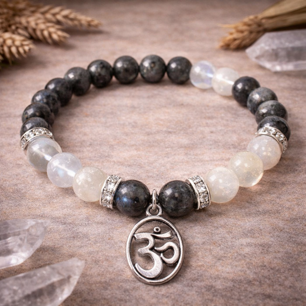 Labradorite & Rainbow Moonstone Crystal Bracelet with OM Charm – Spiritual Jewellery
