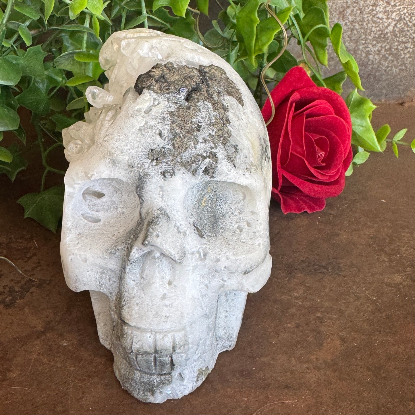 Large Clear Quartz Skull with Pyrite 1220g featuring exposed Clear Quartz cluster and natural Pyrite for spiritual healing, abundance, protection, clarity, and sacred décor