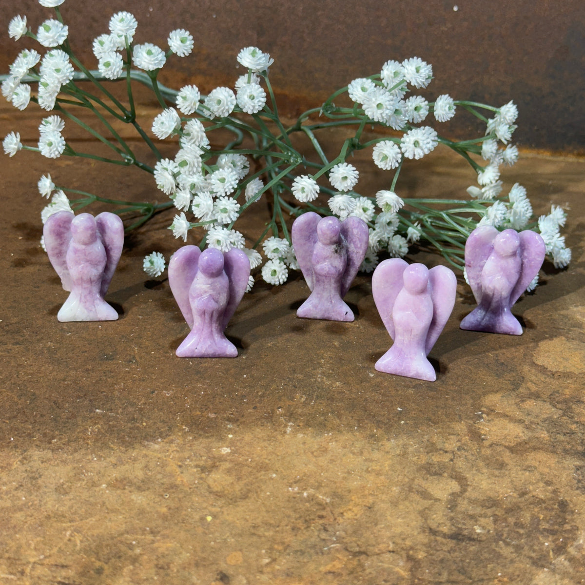 Lepidolite pocket crystal angel carving approximately 4cm for calm, emotional balance and inner peace