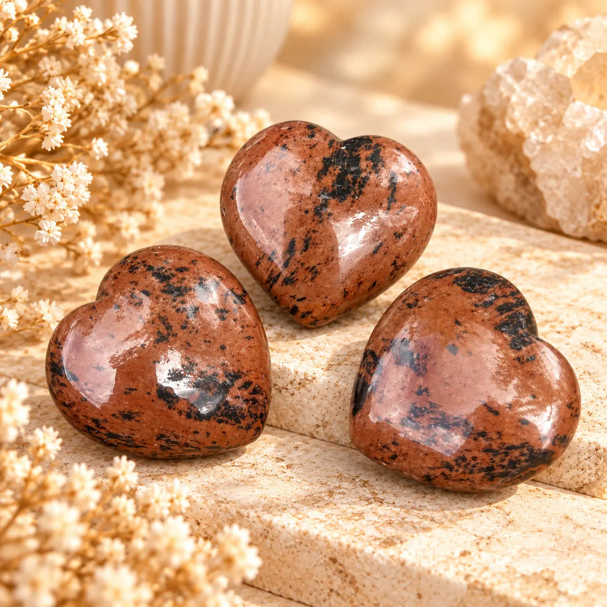 Polished mahogany obsidian crystal heart carving, approximately 3 cm