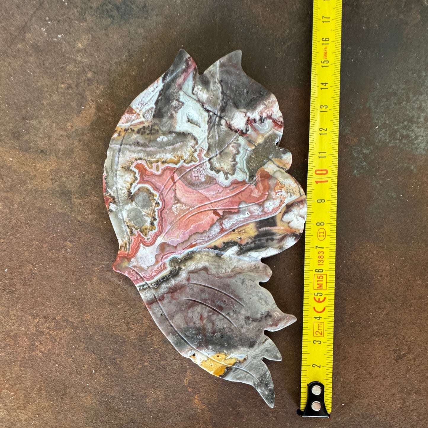 Mexican Agate Crystal Wing with measuring tape on a brown surface