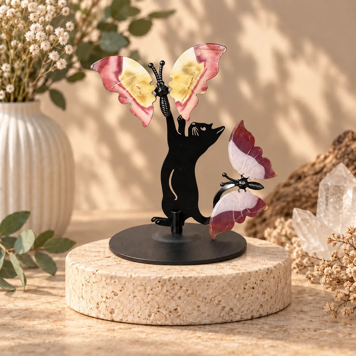 Mookaite Butterfly Crystal Sculpture – Two Butterflies on Cat Stand