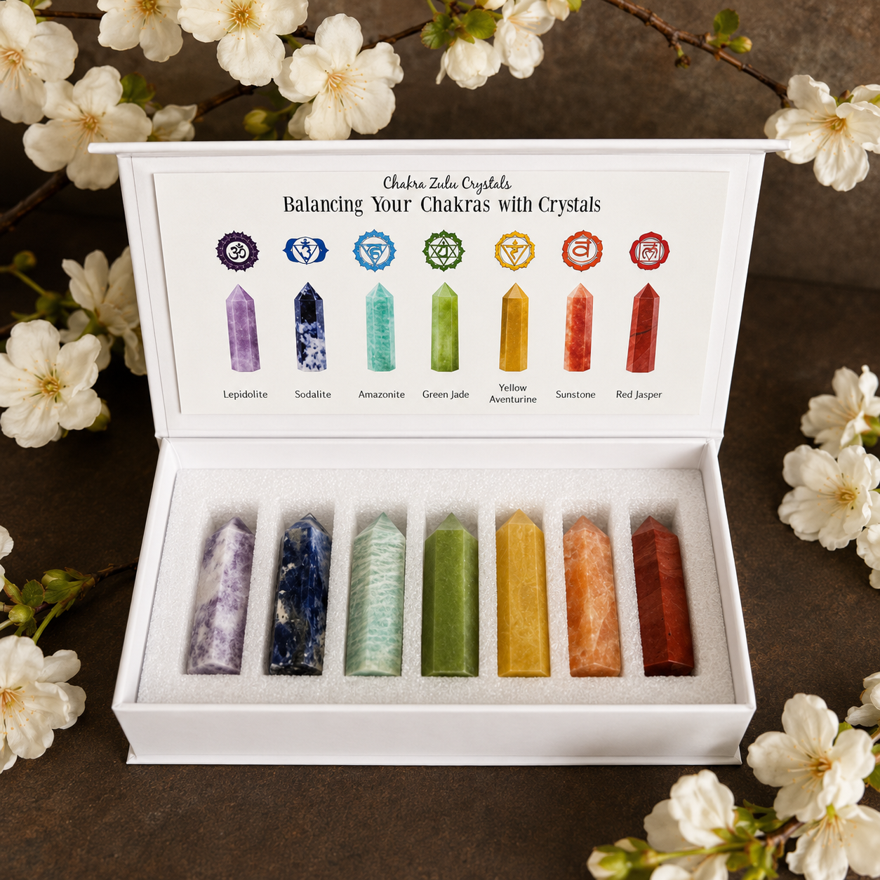 Natural Crystal Chakra Tower Set with seven genuine crystal towers for meditation and chakra balancing