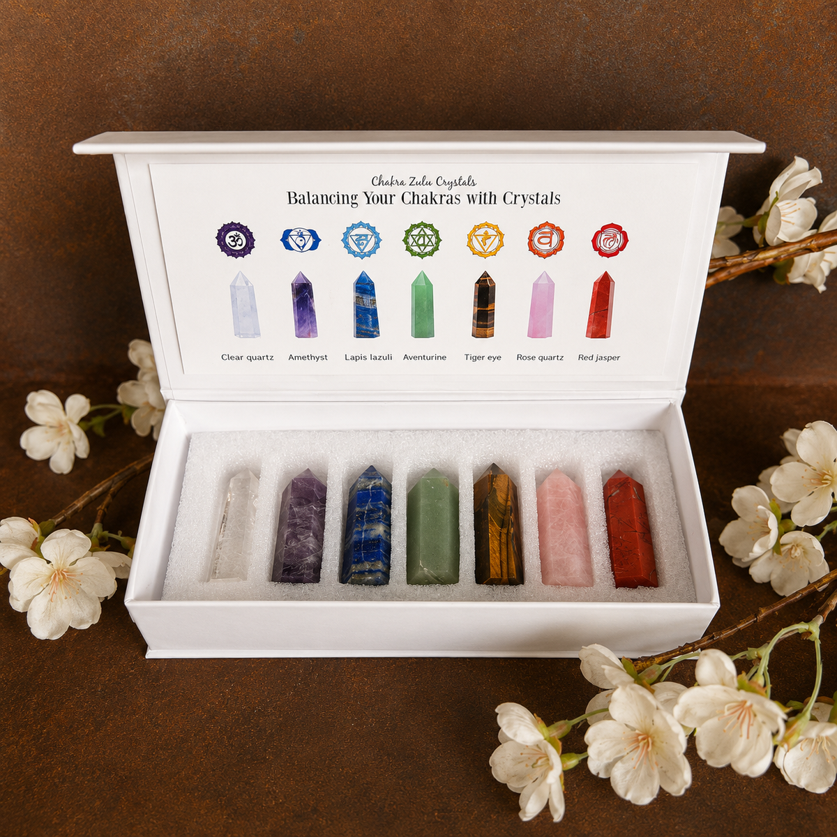 Seven crystal chakra tower set Style B with Clear Quartz, Amethyst, Lapis Lazuli, Green Aventurine, Tiger’s Eye, Rose Quartz and Red Jasper