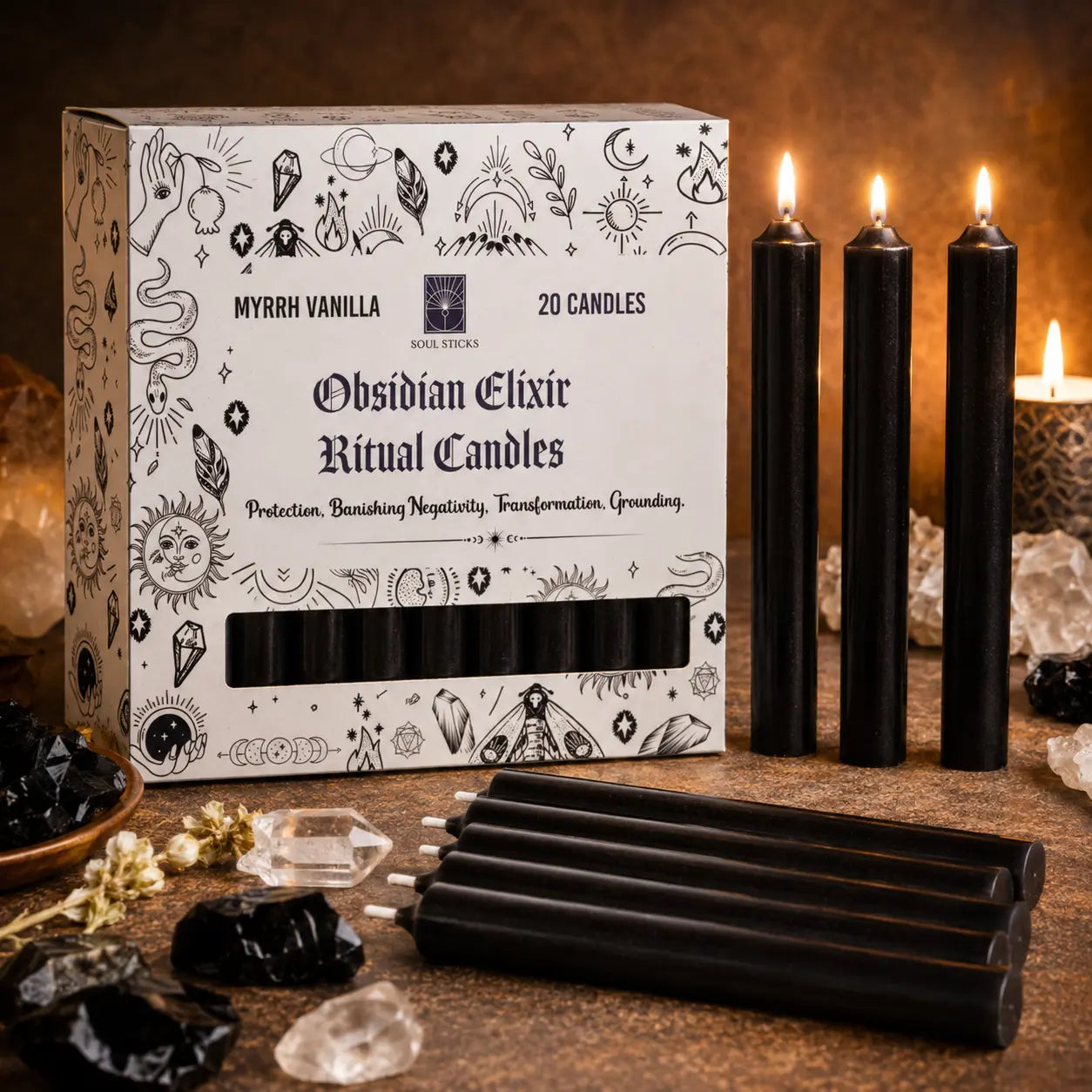 Obsidian Elixir Myrrh Vanilla Scented Ritual Candles – Pack of 20
