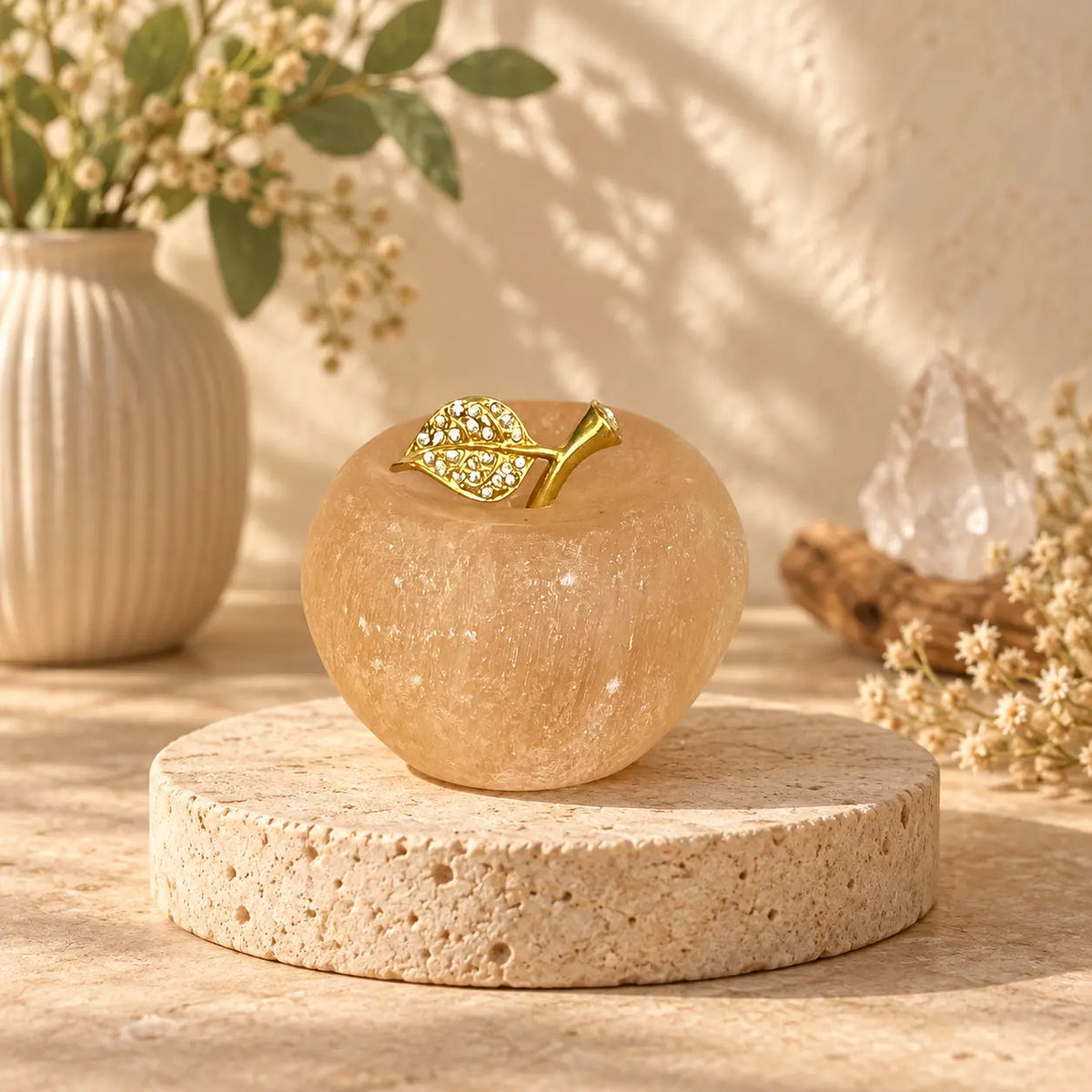 Orange Selenite crystal apple with diamante stem and leaf, approximately 6.5–7cm