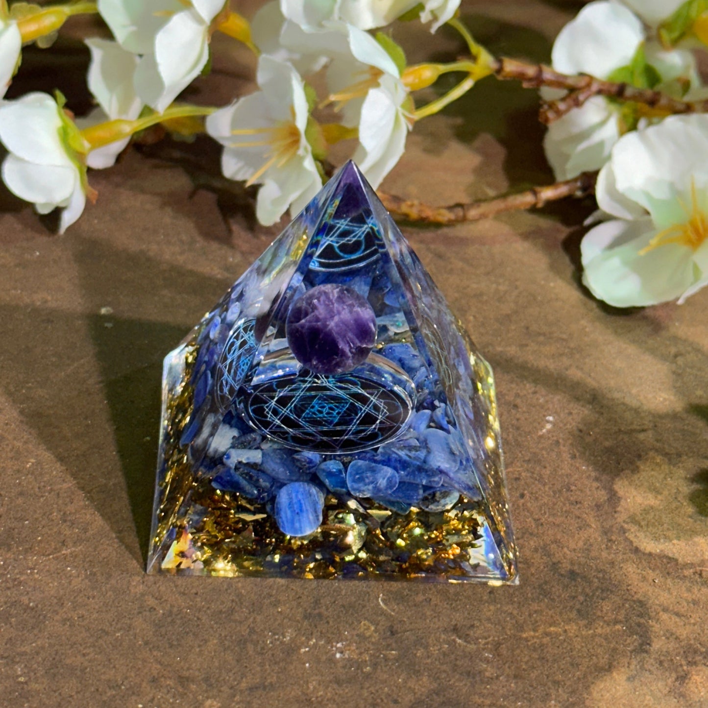 Handcrafted Orgonite Pyramid with Amethyst and Lapis Lazuli crystal sphere for spiritual healing, energy protection, chakra alignment, and energy cleansing – Spiritual Gifts Australia